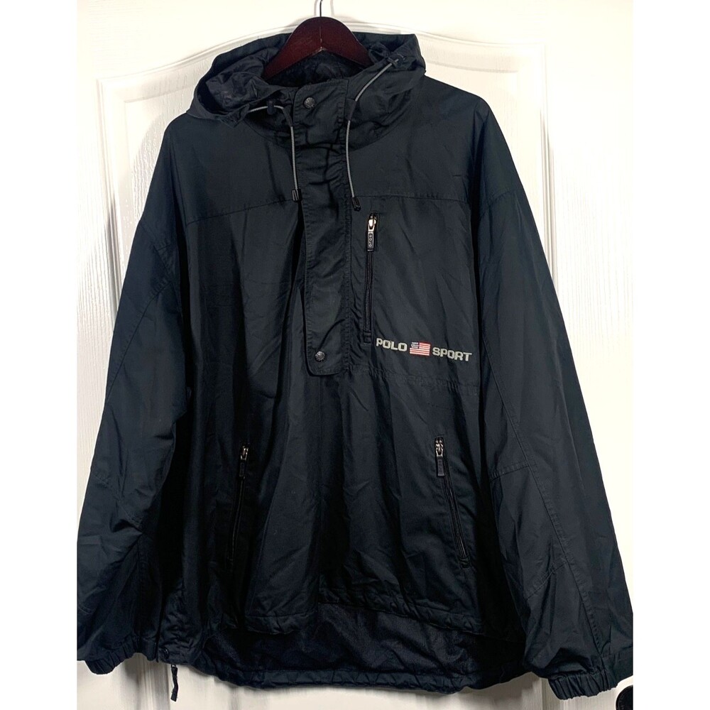 Vintage Polo Sport Ralph Lauren Hoodie Anorak Black XXL USA American Flag